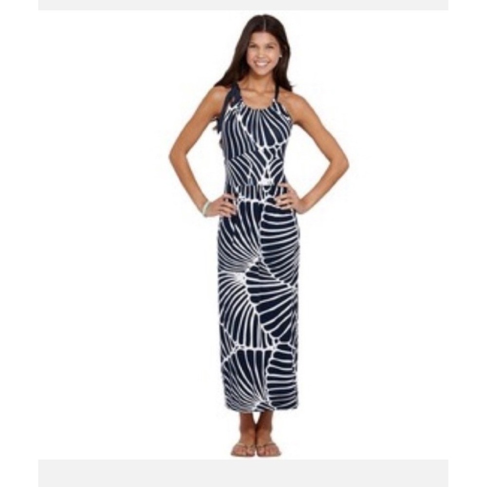 Vineyard Vines Halter Shell Maxi Dress Navy Blue Lrg Adjustable Tie Keyhole Back